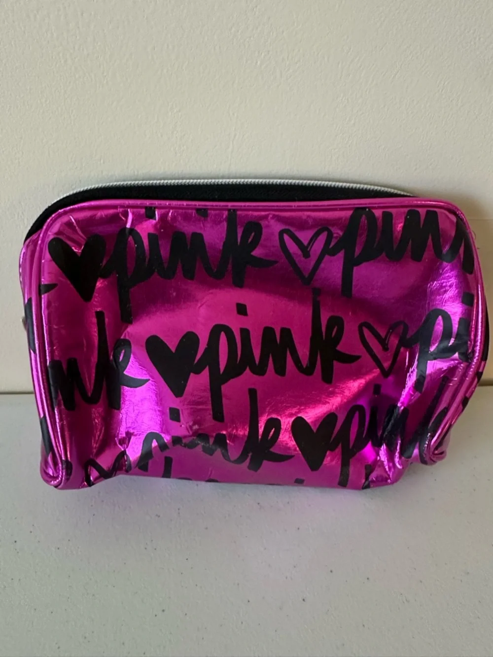 Victoria's Secret Hot Pink Metallic Cosmetic Pouch with Black Script NWOT